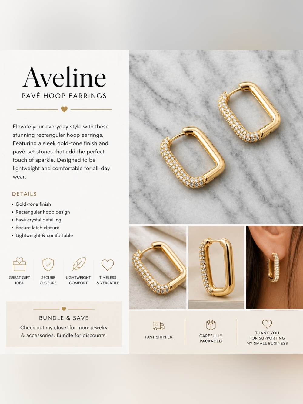 Gold Pave Rectangular Hoop Earrings ✨ Aveline Pavé Hoop Earrings – Gold Tone - Picture 2 of 3